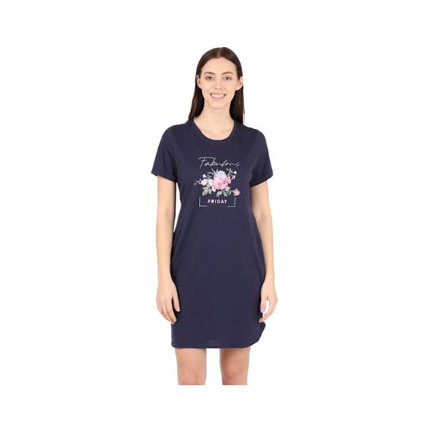 Women's Super Combed Cotton Curved Hem Styled Half Sleeve Printed Sleep Dress with Side Pockets - Classic Navy