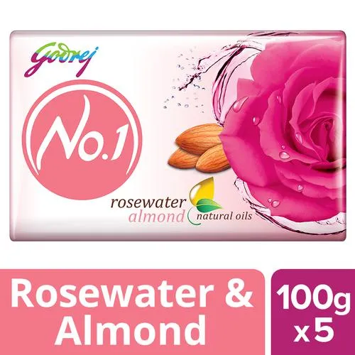 Godrej No.1 Rosewater & Almond Bathing Soap, With Natural Oils, 100 g (Pack of 5)