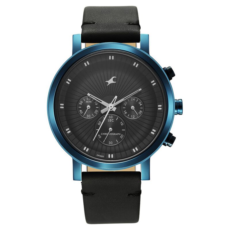 Fastrack Kronos Multifunction Black Dial Leather Strap Watch for Guys