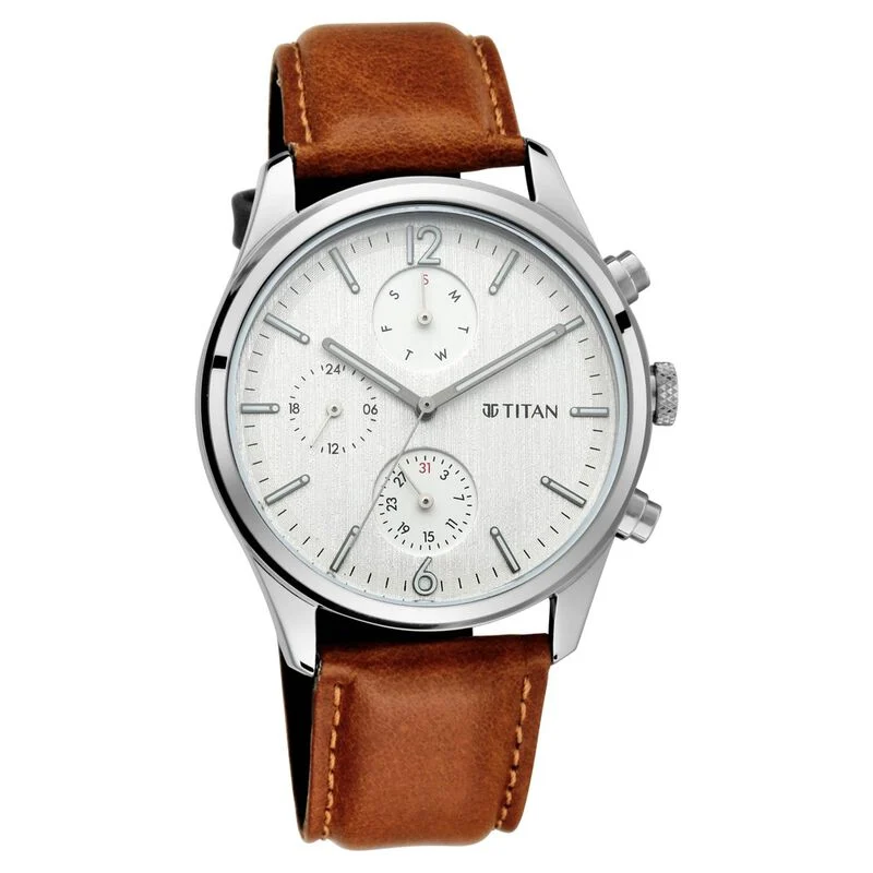 Titan Men's Metropolitan Charm: Men's Multifunctional Black Watch with Leather Strap