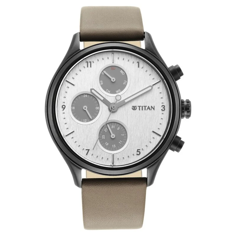 Titan Neo Silver Quartz Multifunction Leather Strap Watch for Men