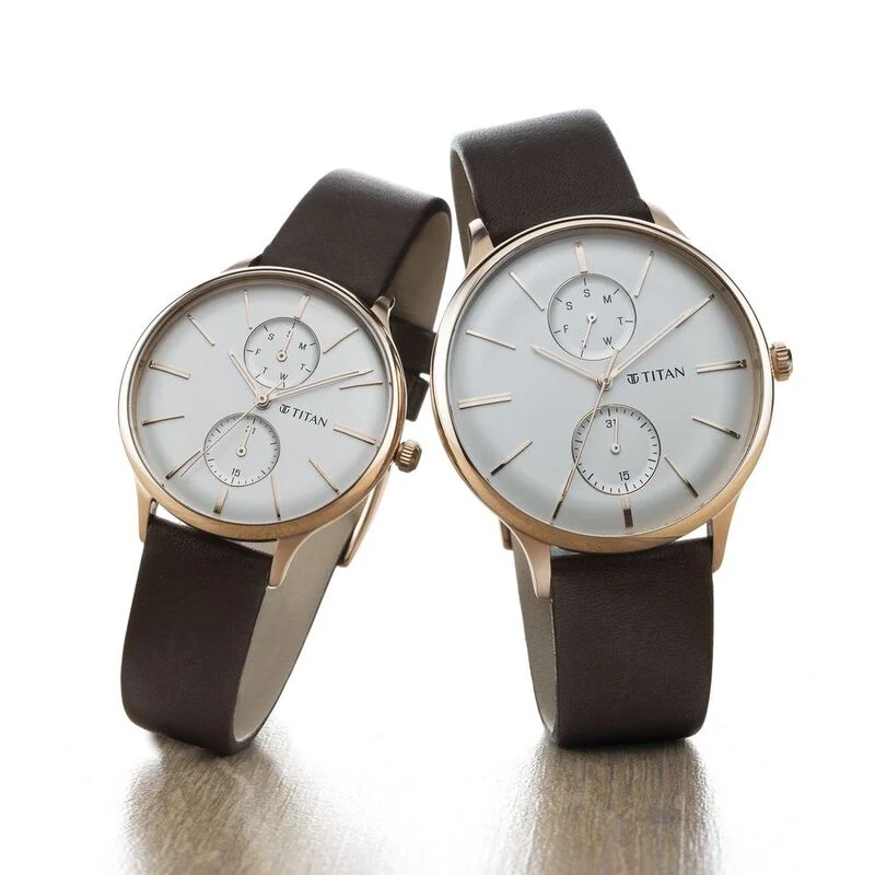 Titan Bandhan White Dial Quartz Multifunction Leather Strap watch for Couple