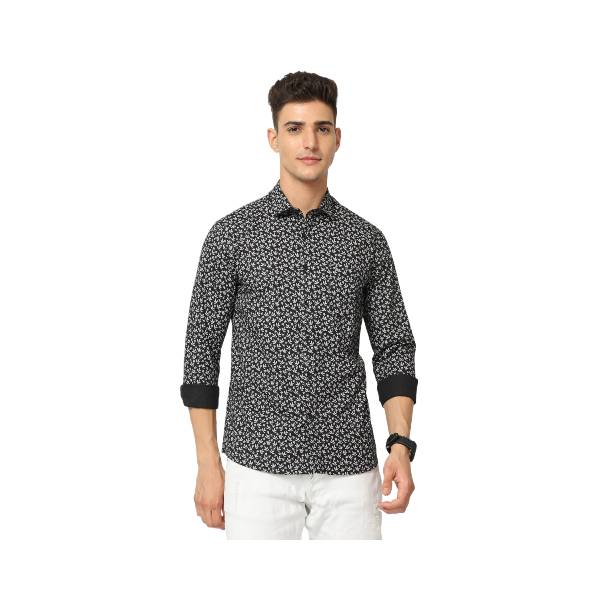 Classic Polo Mens Cotton Full Sleeve Printed Slim Fit Polo Neck Black Color Woven Shirt | SO1-169 B-FS-PRT
