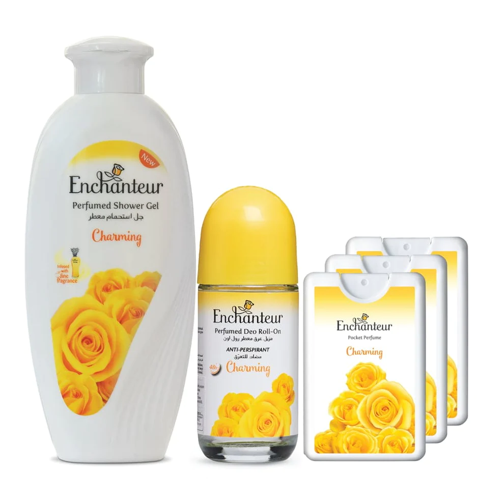 Enchanteur Charming Shower gel 250gms & Charming Roll-On Deodorant 50ml & Charming Pocket Perfume, 18ml (Pack of 3)