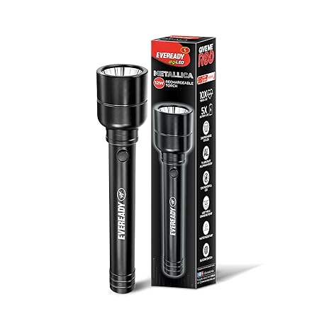 Eveready Metallica DL33 | 12W Rechargeable Torch | 5 Light Modes | Fast Charging |Machined Aluminium Torch | Lifelong Durability | Scratch and Water Resistance | Upto 7 Hours Lighting Time | Black