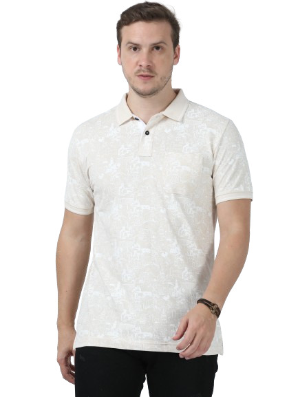 Classic Polo Men's Printed Beige Cotton Half Sleeve T-Shirt | BEAU - 246 A SF P