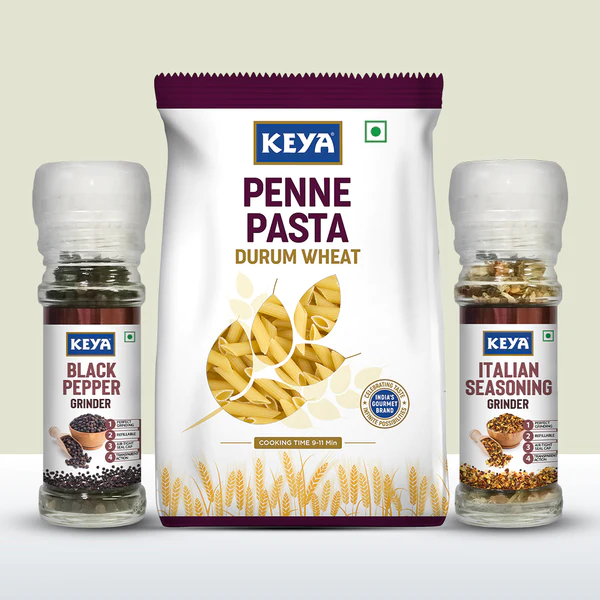 Keya Italian Delight Combo | Penne Pasta 400g, Black pepper Grinder 50g, Italian seasonings Grinder