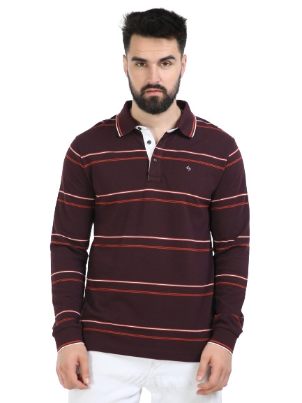 T-Shirt Classic Polo Mens Cotton Full Sleeve Striped Slim Fit Polo Neck Maroon Color T-Shirt | Verno - 333 B Sf P