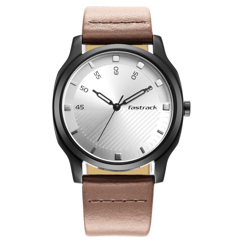 Fastrack Stunners Quartz Analog Silver Dial Leather Strap Watch for Guys