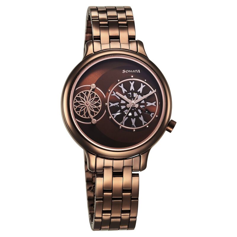 Sonata Unveil Quartz Analog Brown Dial Metal Strap Watch for Women 8190QM02