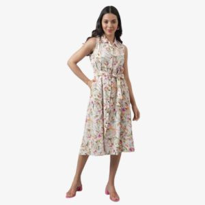 Divena Rayon Cream A-Line Floral Printed Midi Dress