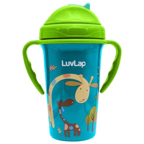LuvLap Tiny Giffy Sippy Plastic Cup - With Silicone Straw, Flip Lid, 18M+, Green, 300 ml