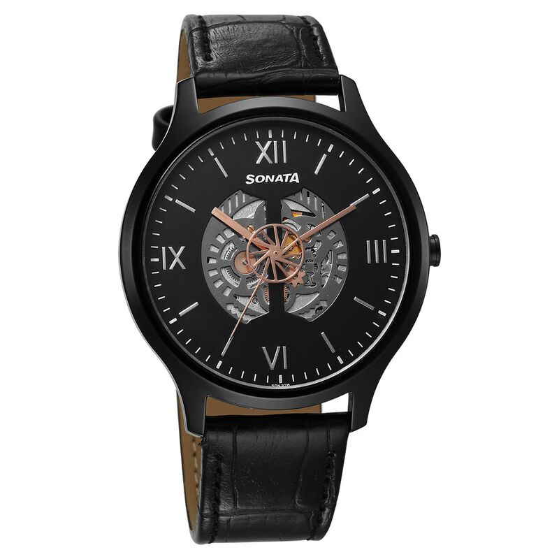 Sonata Unveil Quartz Multifunction Black Dial Leather Strap  Watch for Men  7140NL05