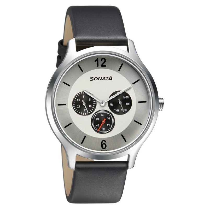 Sonata Quartz Analog Silver Dial Leather Strap Watch for Men NR7140SL01