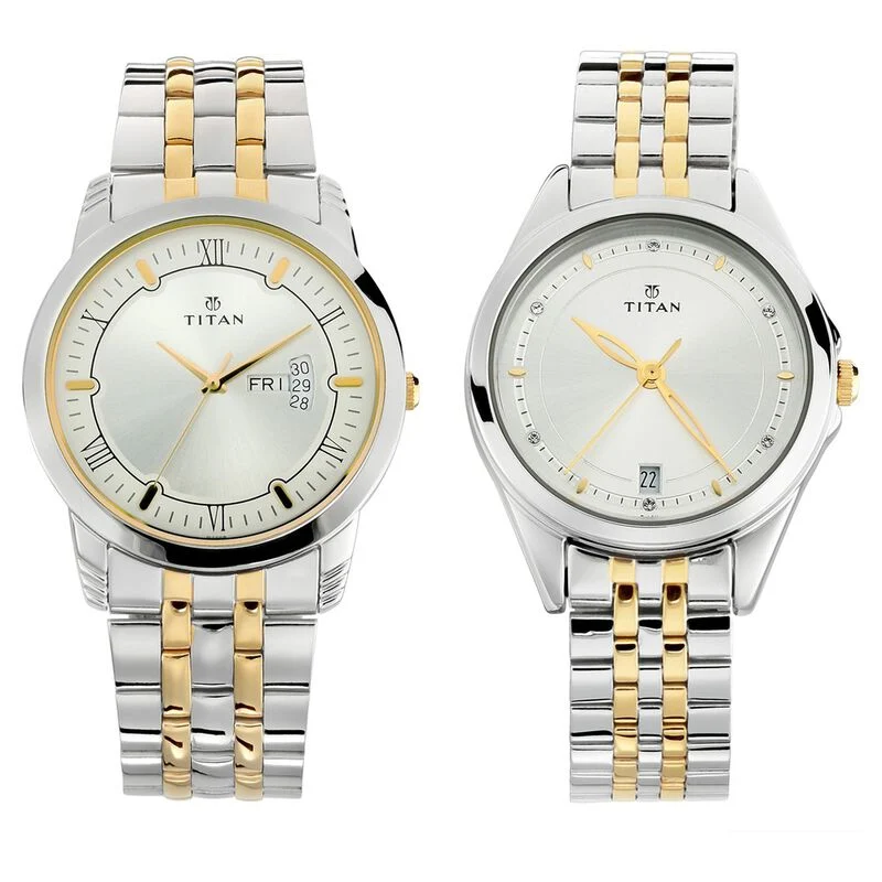 Titan Bandhan Quartz Analog with Day and Date Silver Dial Stainless Steel Strap Watch for Couple