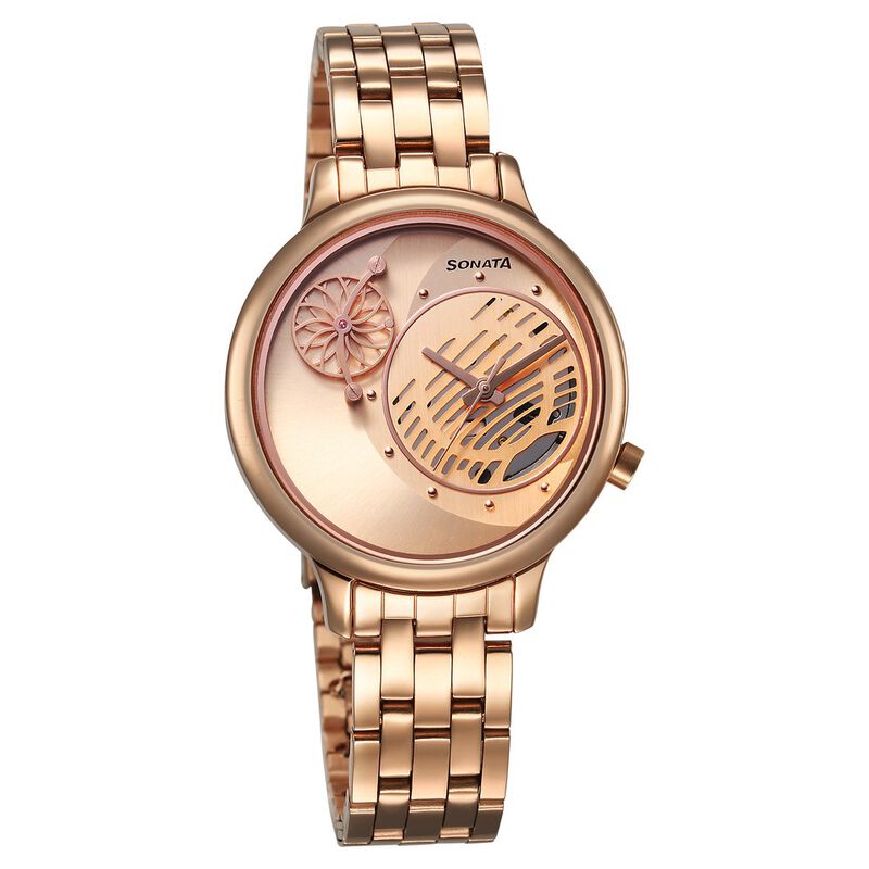 Sonata Unveil Quartz Analog Rose Gold Dial Metal Strap Watch for Women 8190WM01
