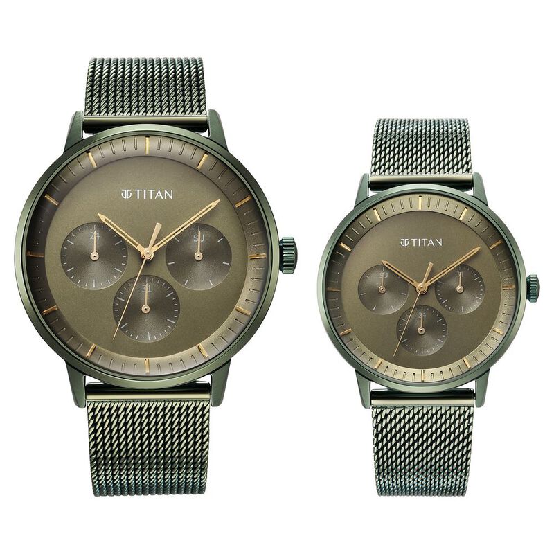 Titan Bandhan Green Dial Quartz Multifunction Stainless Steel Strap watch for Couple