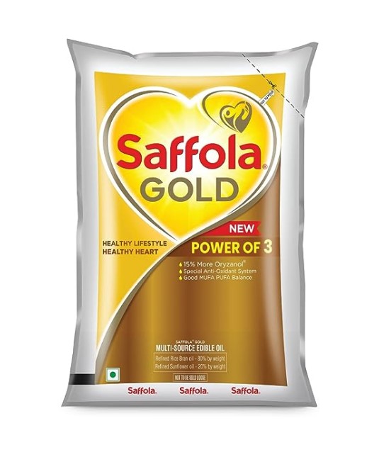 Saffola Gold Refined Oil|Blend of Rice Bran Oil & Sunflower Oil|Cooking Oil|Pro Healthy Lifestyle Edible Oil 1 Litre Pouch