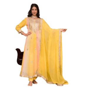 Divena Yellow Gota Patti Embroidered Banarsi Georgette Kurta Set with Organza Dupatta Plus Size