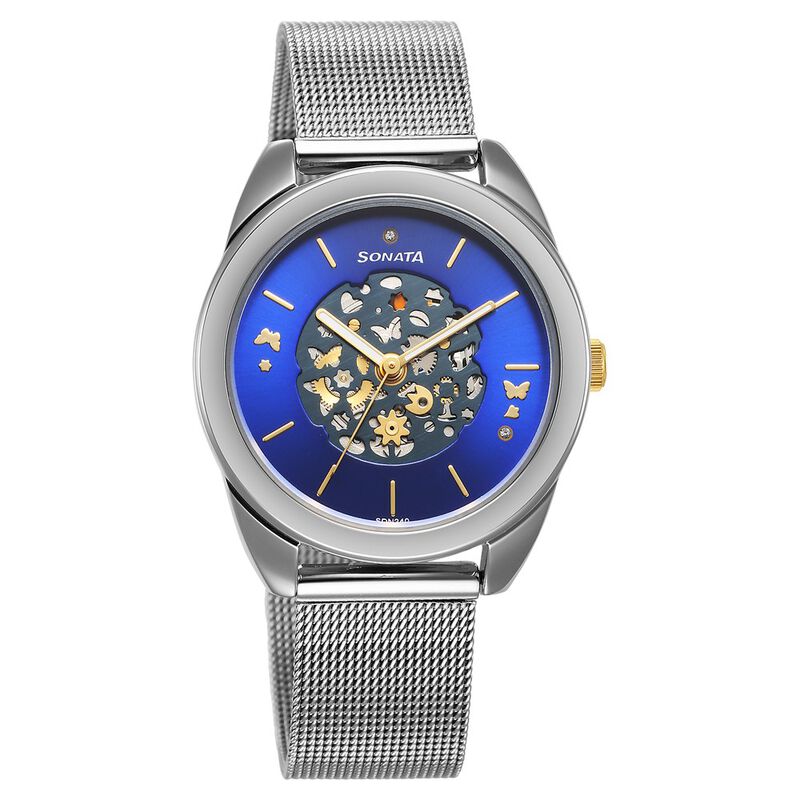 Sonata Unveil Quartz Multifunction Blue Dial Stainless Steel Strap Watch for Women 8182BM02