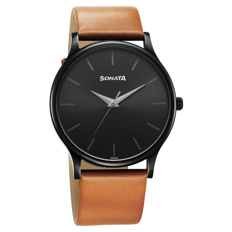 Sonata Aspire Quartz Analog Black Dial Leather Strap Watch for Men 77105NL09W