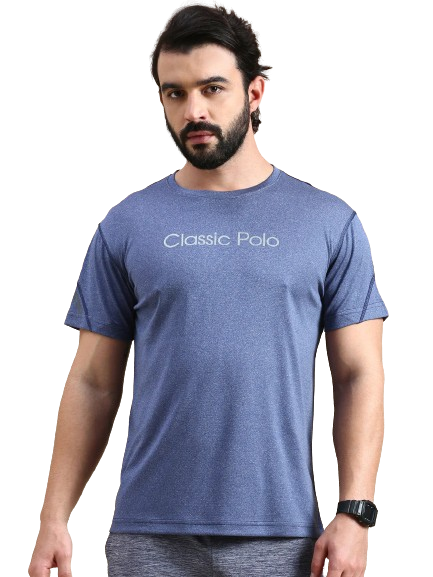 Classic Polo Men's Round Neck Polyester Navy Blue Slim Fit Active Wear T-Shirt