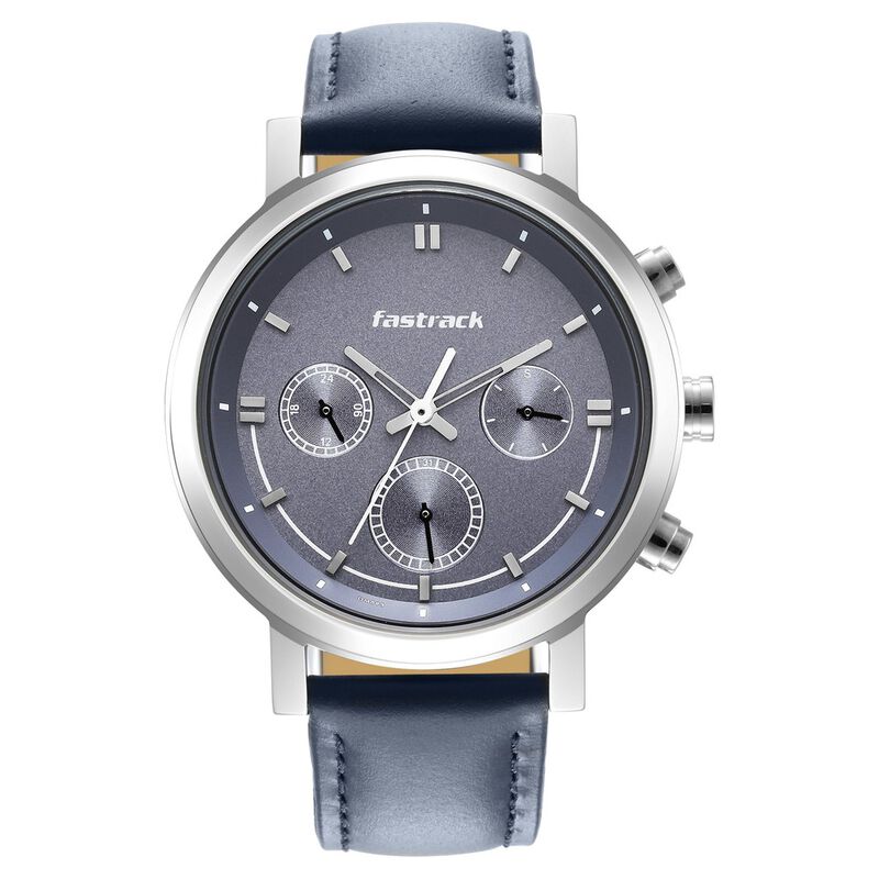 Fastrack Tick Tock Quartz Multifunction Blue Dial Leather Strap Watch for Guys