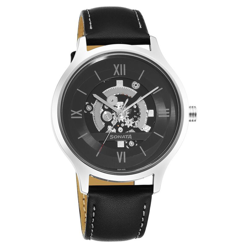 Sonata Unveil Quartz Analog Black Dial Leather Strap Watch  7140SL07for Men