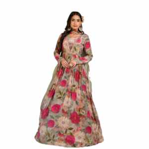 Divena Pink Multi Digital Print Pure Crepe Long Party dress with Dupatta