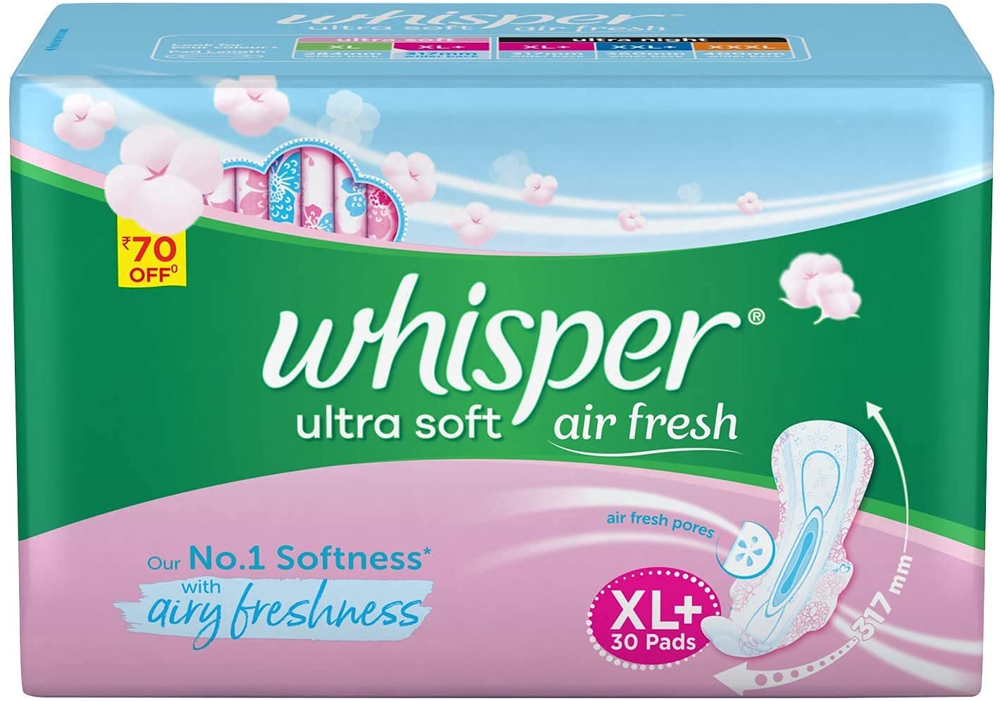Whisper Ultra Soft XL+ Sanitary Pads - 30 Count