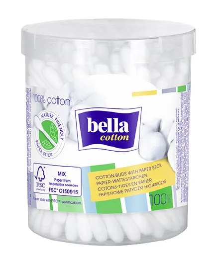 Bella Cotton Buds Round Box Paper Stick - 100 Pieces