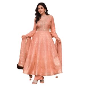 Divena Peach Zardozi Embroidered Banarsi Rusian Silk Kurta Set with Banarsi Khadi Organza Dupatta Plus Size