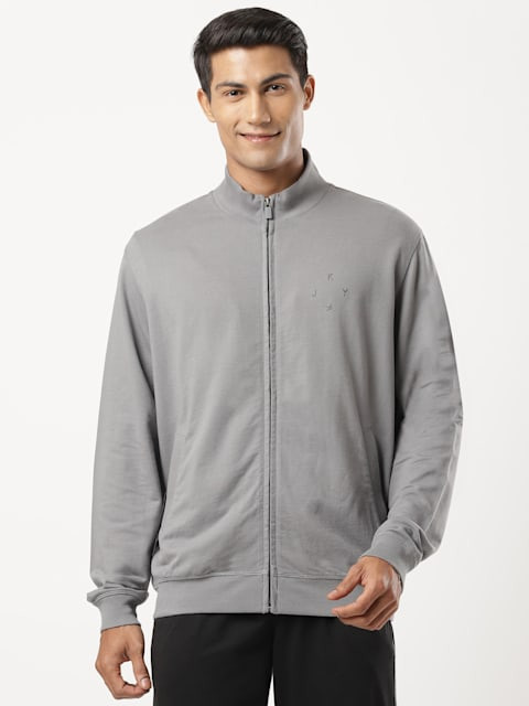 Men's Super Combed Cotton French Terry Jacket with Ribbed Cuffs and Convenient Side Pockets - Graphite