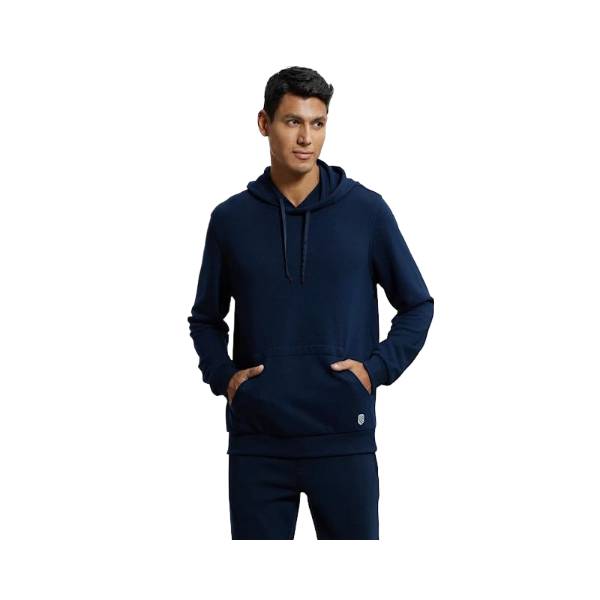 Men's Super Combed Cotton Rich French Terry Hoodie Sweatshirt with Ribbed Cuffs - Navy