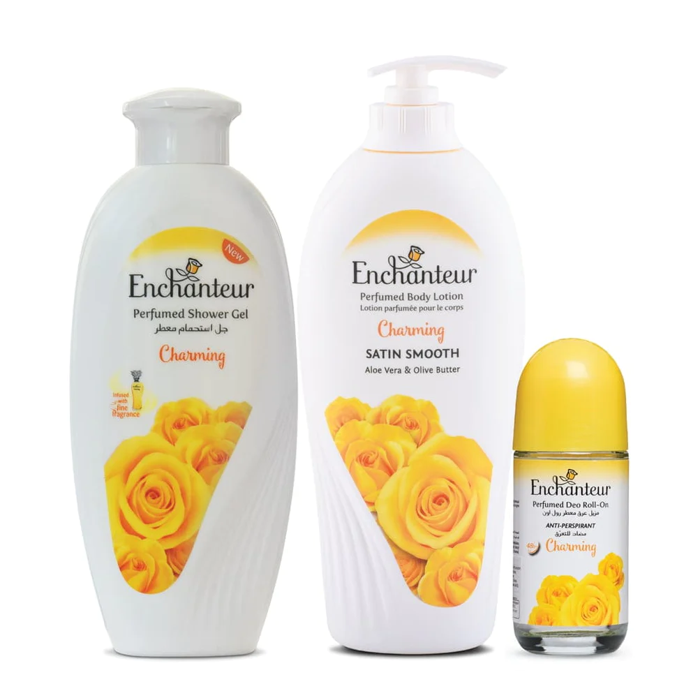 Enchanteur Charming Shower gel 250gms & Charming Hand and Body Lotion 500ml & Charming Roll-On Deodorant 50ml