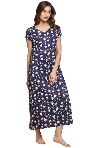 Women Allover Print Night Dress V Neck And Short Sleeves -