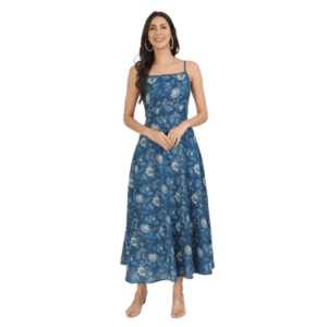 Divena Indigo Blue Cotton Long Dress for Women