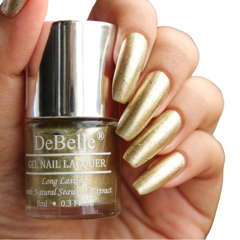 DEBELLE GEL NAIL LACQUER CANOPUS - (BEIGE GOLD WITH BLACK GLITTER NAIL POLISH), 8ML