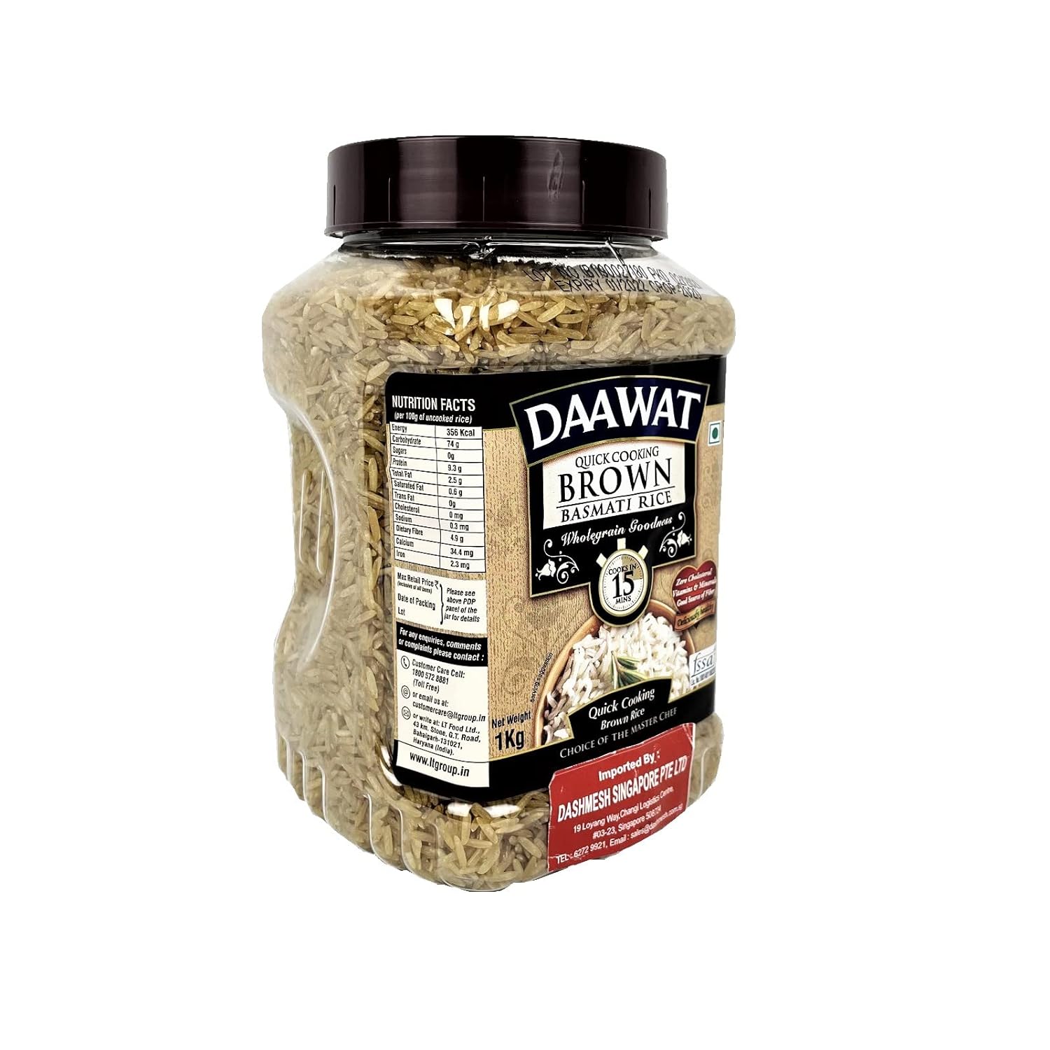 Daawat Brown, Cooks in 15-minute, Full Bran Intact, Fibre-Rich Basmati Rice Jar, 1 Kg