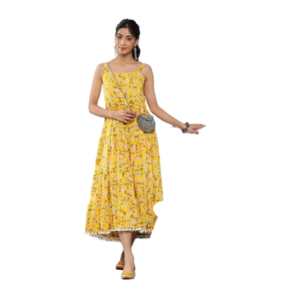 Divena Yellow Floral Shoulder Strip Long Dress Plus Size