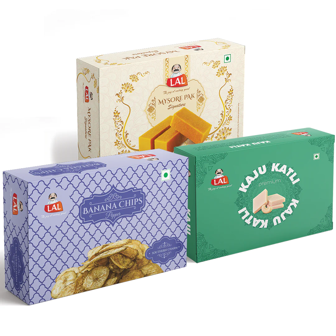 Lal Sweets Mysore pak signature 400g, Banana chips pepper 250g and Kaju katli 400g