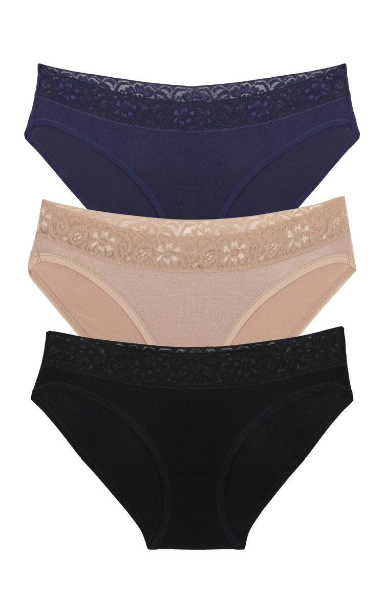 Amante  Ultimo Bikini with Lace Trim panty Pack (Pack of 3) - Inky Blue-Sandalwood-Black