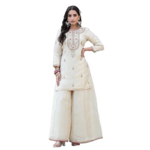 Divena Cream Gota patti & Zardozi Work Tissue Fabric Kurta Sharara Set with Bandhani Dupatta Plus Size