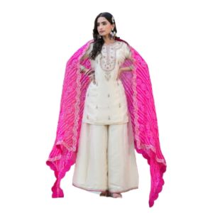 Divena Cream Gota patti & Zardozi Work Tissue Fabric Kurta Sharara Set with Bandhani Dupatta