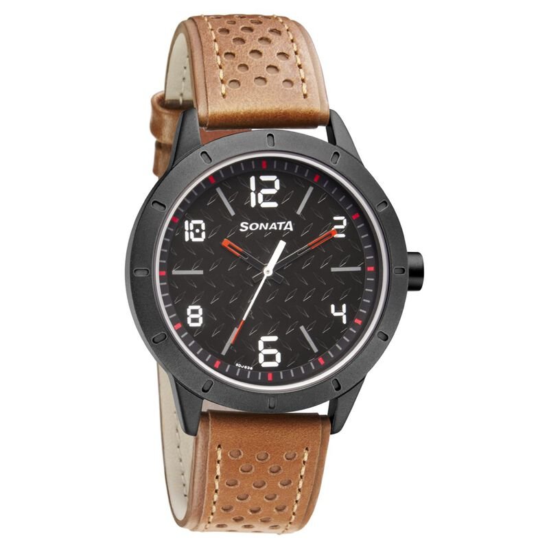 Sonata Quartz Analog Black Dial Leather Strap Watch for Men NP7137AL02