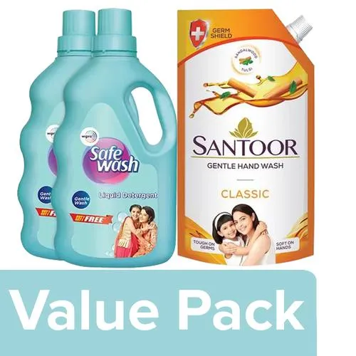 Safewash Liquid Detergent 1 kg (Get 1kg Free) + Santoor Handwash Classic 750 ml, Combo 2 Items