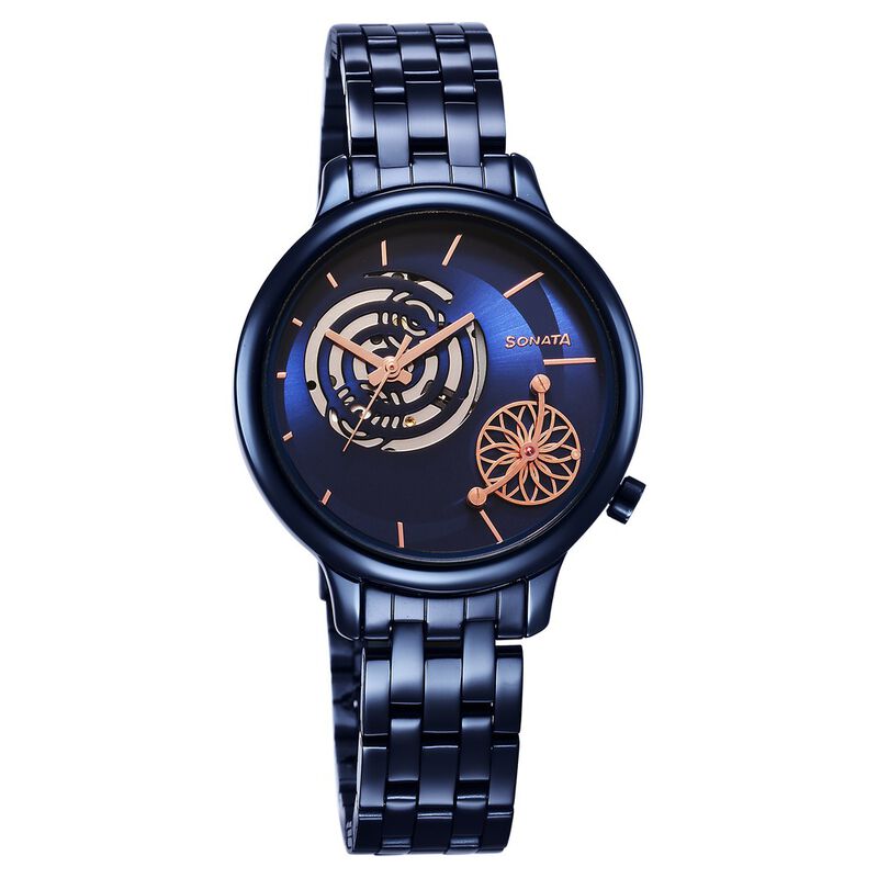Sonata Unveil Quartz Analog Blue Dial Metal Strap Watch for Women 8190QM04