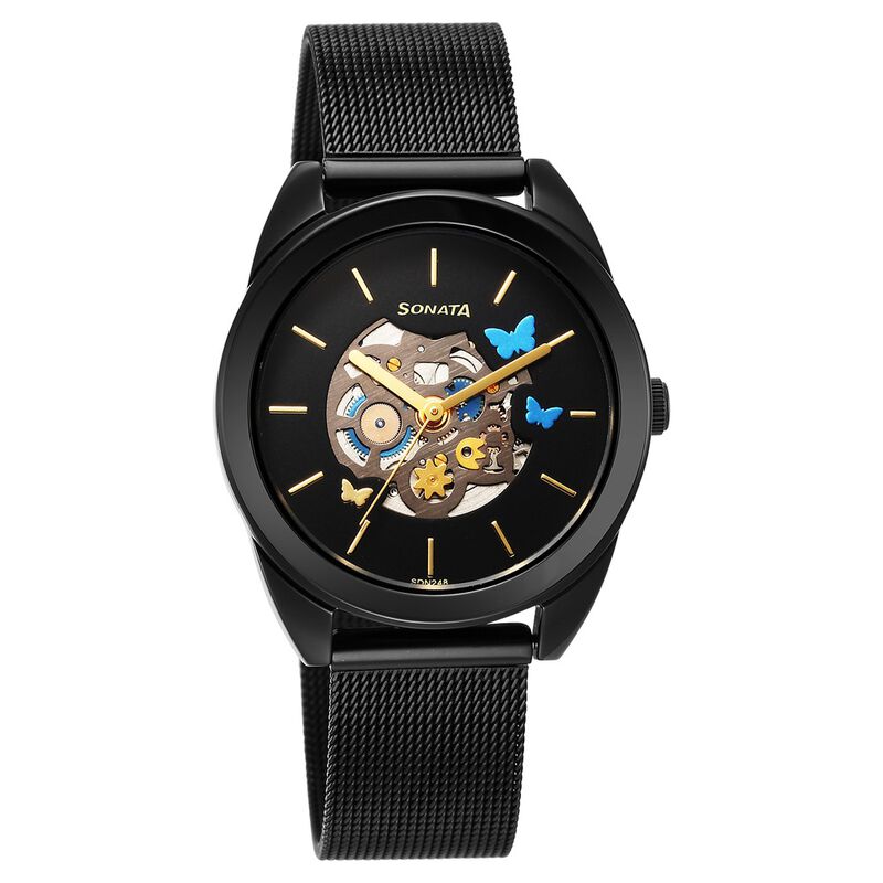 Sonata Unveil Quartz Multifunction Black Dial Stainless Steel Strap Watch for Women 8182NM01