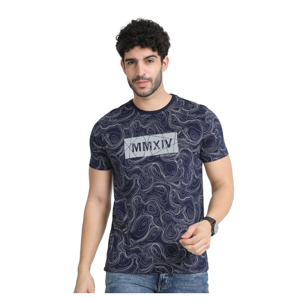 Classic Polo Mens Cotton Half Sleeves Floral Slim Fit Crew Neck Navy Blue Color T-Shirt | Brcn - 556 B Sf C