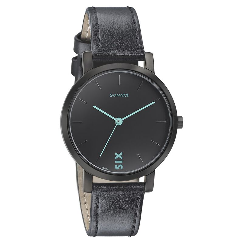 Sonata Play Black Dial Women Watch With Leather Strap NR8164NL01